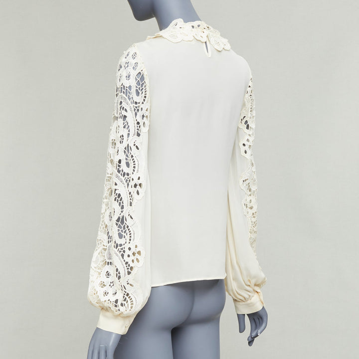 OSCAR DE LA RENTA cream 100% silk floral lace appliqu‚àö¬© peasant blouse US2 S
