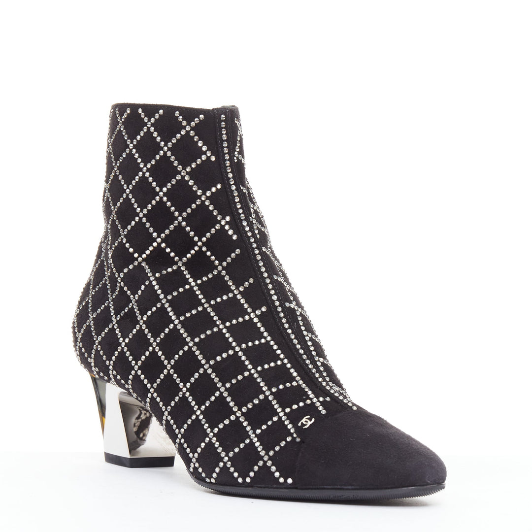 CHANEL 2019 black kid suede silver crystal CC logo acrylic heel boots EU37