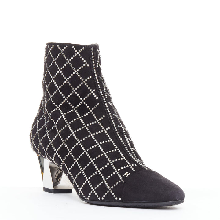 CHANEL 2019 black kid suede silver crystal CC logo acrylic heel boots EU37