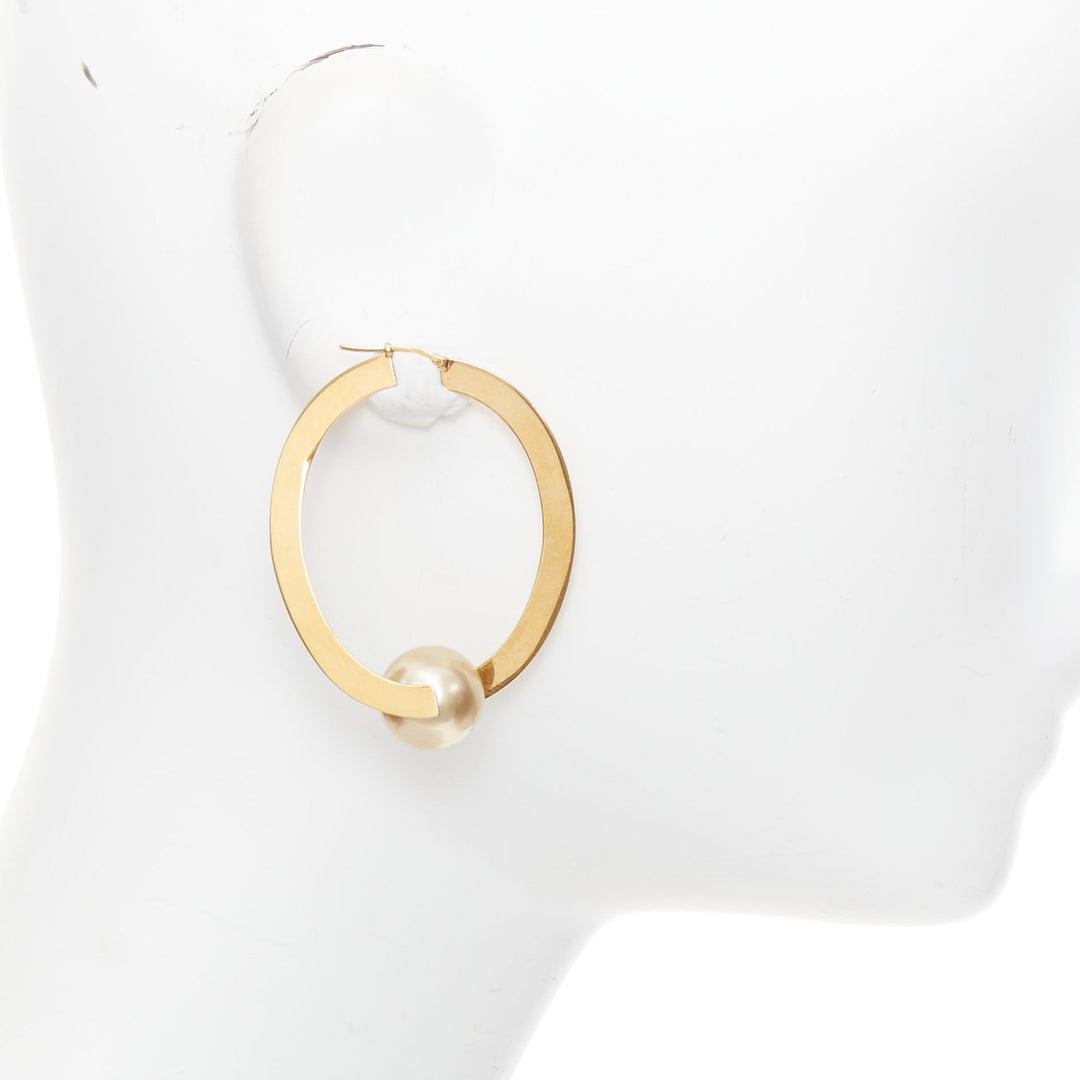 rare OLD CELINE Phoebe Philo Flat Hoop faux pearl brass hoop pin earring Pair