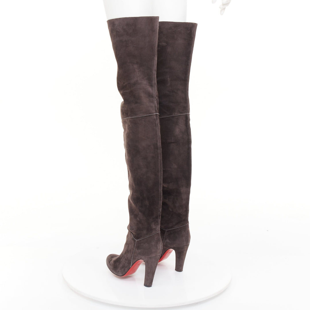 CHRISTIAN LOUBOUTIN charcoal grey suede block heeled thigh high boots EU37.5