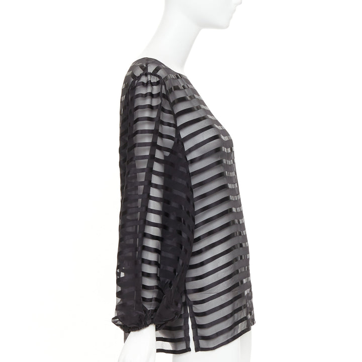 CHANEL black 100% silk sheer striped chiffon puff sleeve blouse FR36 S
