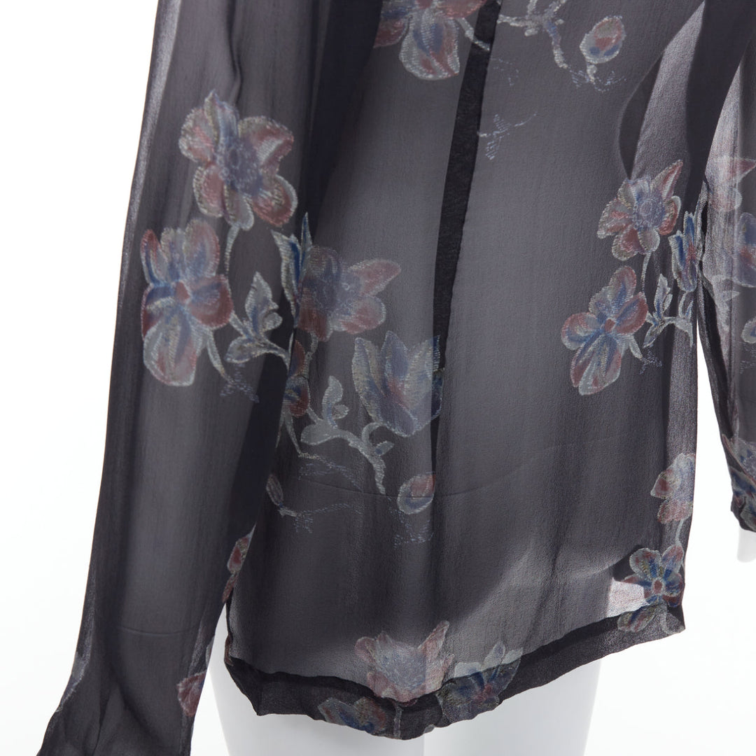 DRIES VAN NOTEN 1990s Vintage 100% silk floral sheer sleeve hi low blouse FR38 M