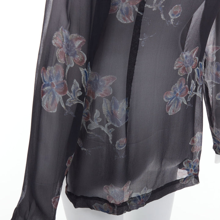 DRIES VAN NOTEN 1990s Vintage 100% silk floral sheer sleeve hi low blouse FR38 M