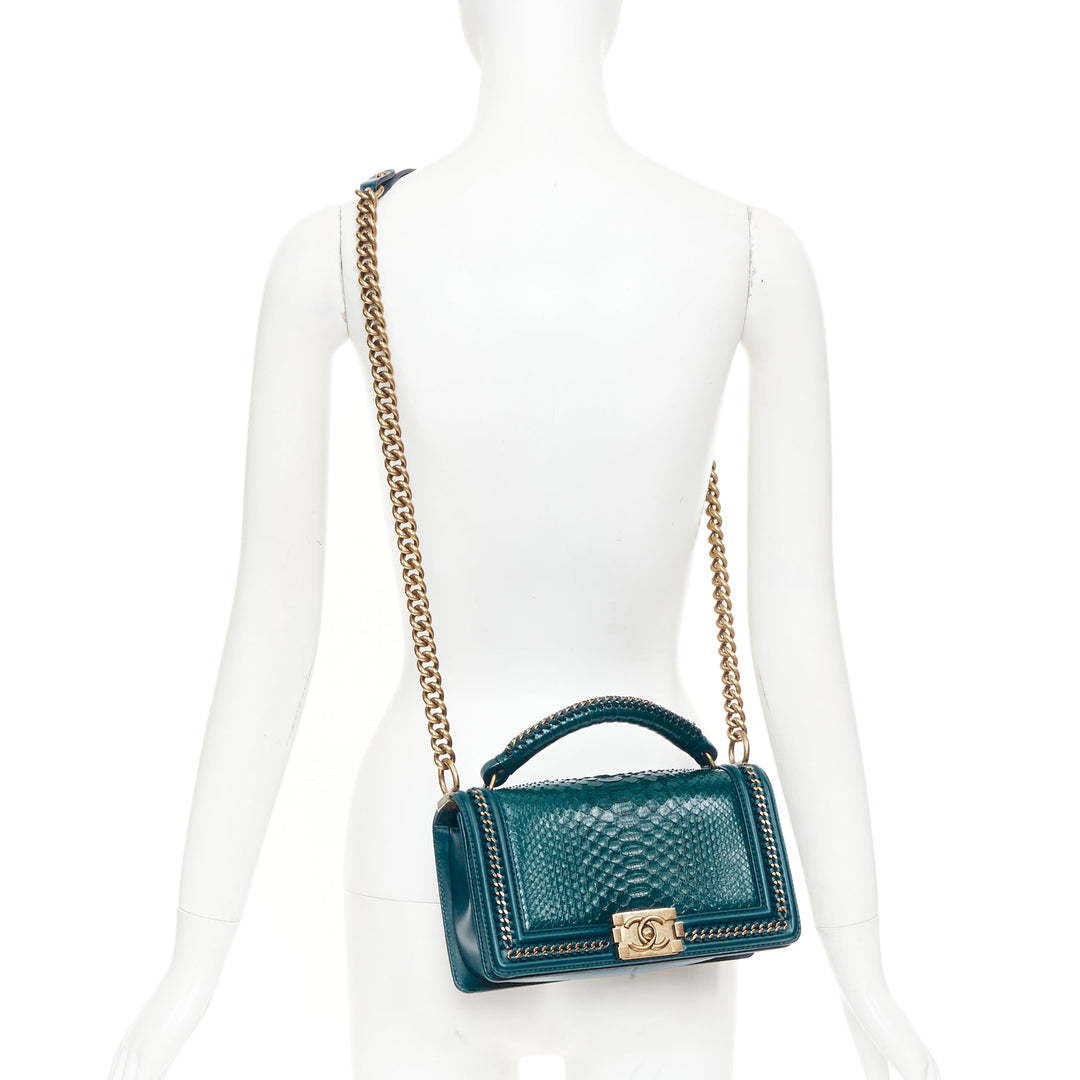 CHANEL Le Boy 25 petrol blue exotic python leather antique gold crossbody bag