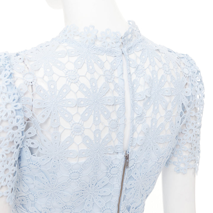 SELF PORTRAIT Geo Guipure Lace light blue grosgrain mock neck dress UK8 S