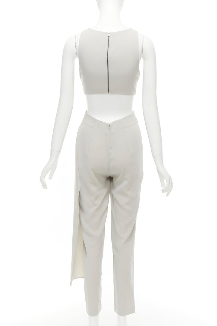 HALSTON HERITAGE grey cut out drape waist asymmetric cropped jumpsuit US0 XS