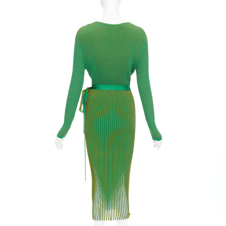 DIANE VON FURSTENBERG green ribbed deep V long wrap dress S