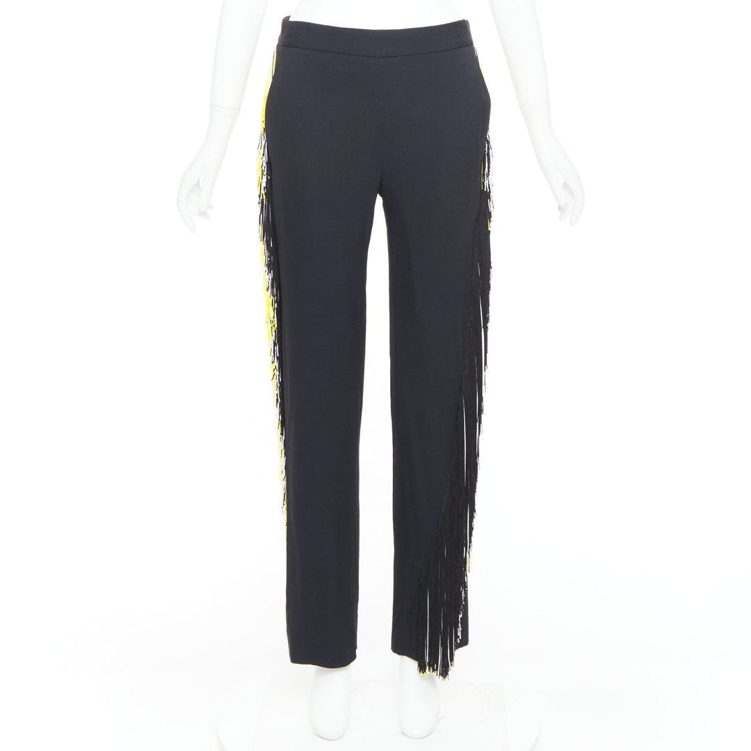 CHRISTOPHER KANE black georgette yellow white fringe trim trouser pants UK8 S