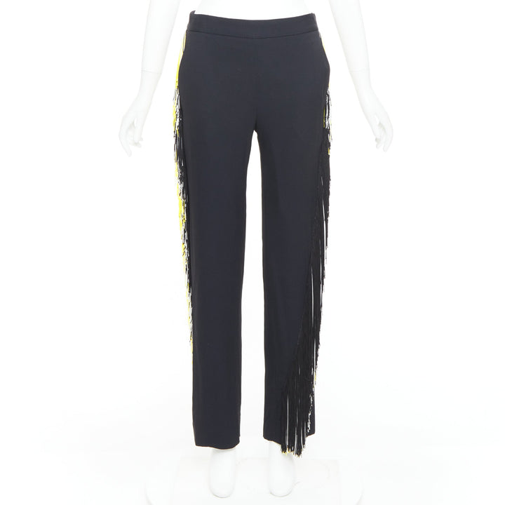 CHRISTOPHER KANE black georgette yellow white fringe trim trouser pants UK8 S