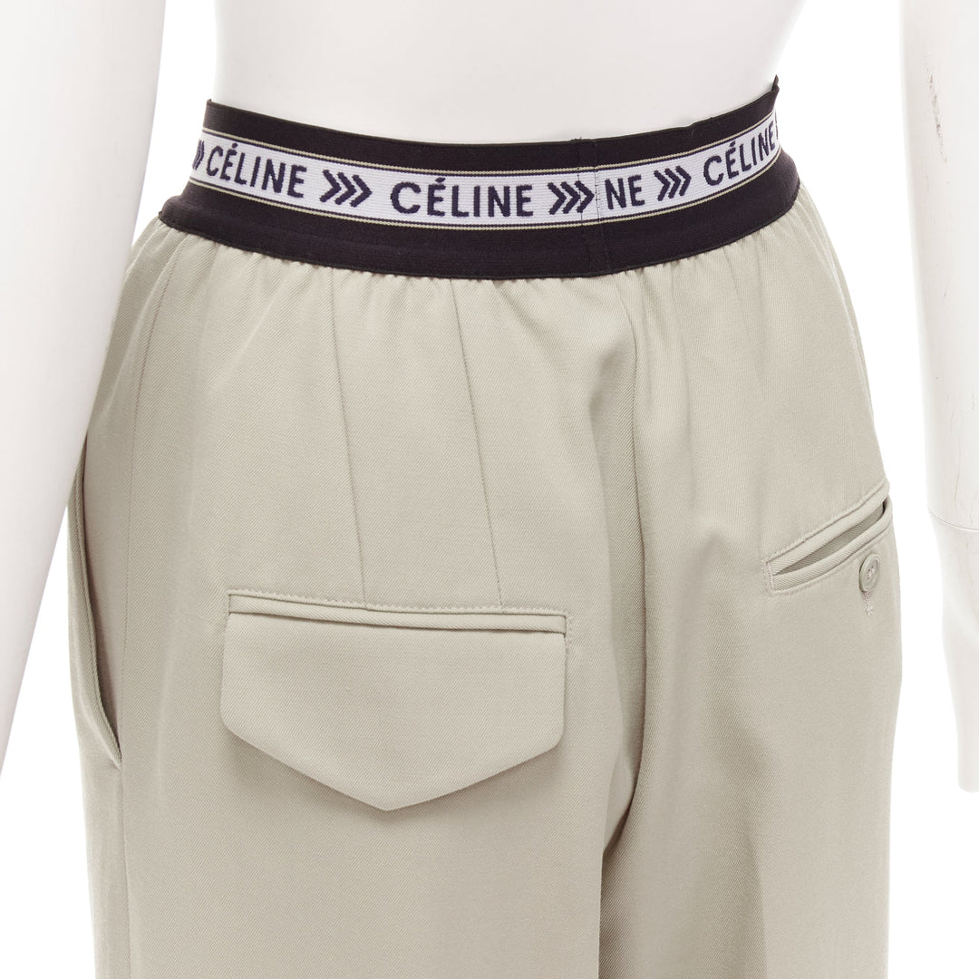 OLD CELINE Phoebe Philo beige 100% virgin wool black logo wide leg pants FR34 XS