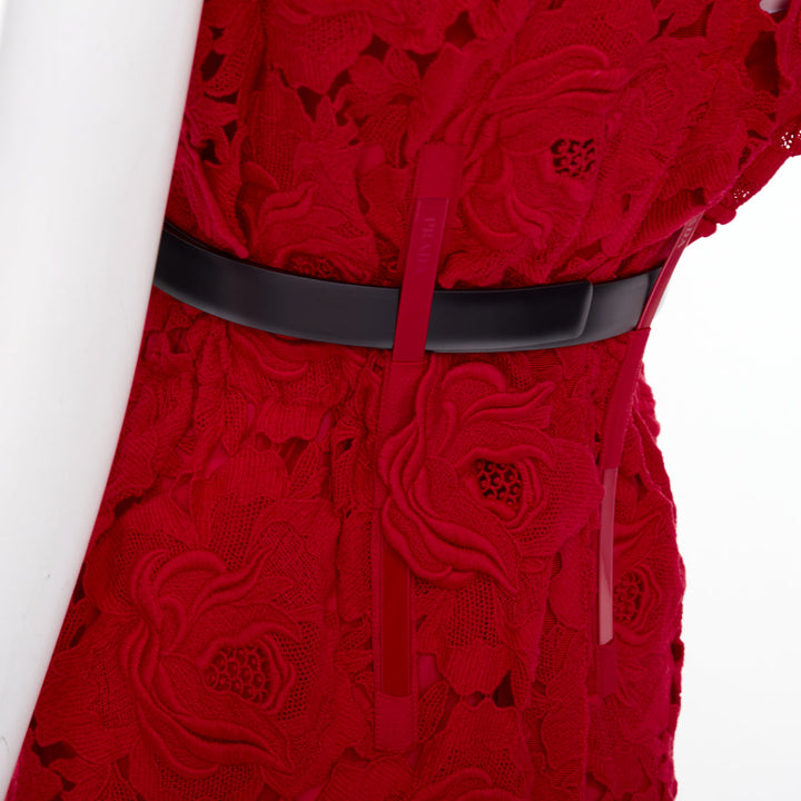 PRADA 2022 Runway red rose blooming guipure lace open back sheath dress IT40