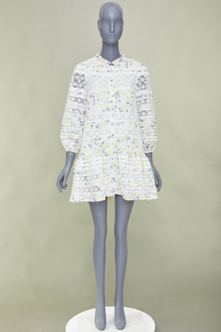 EN SAISON yellow multi floral printed eyelet lace tiered mini dress S