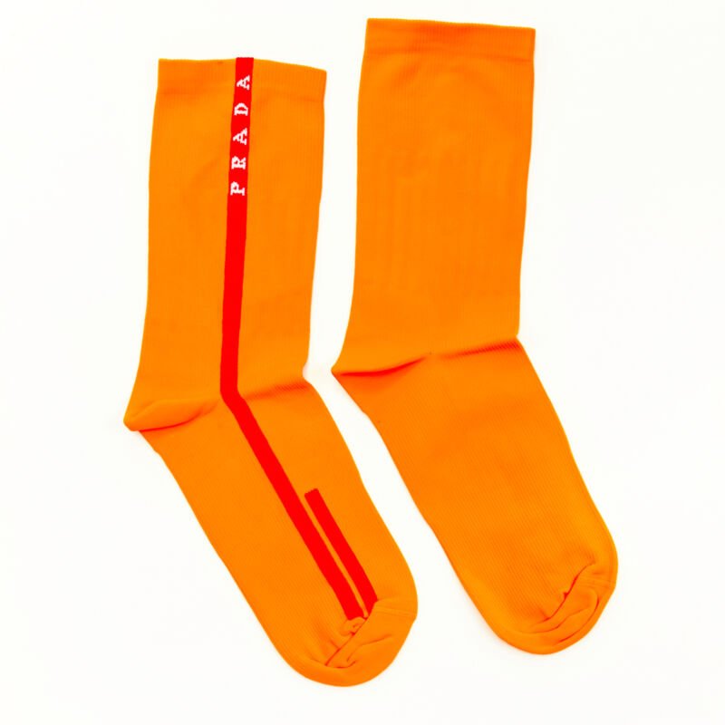 PRADA Linea Rossa neon orange red line logo cotton socks nylon pouch