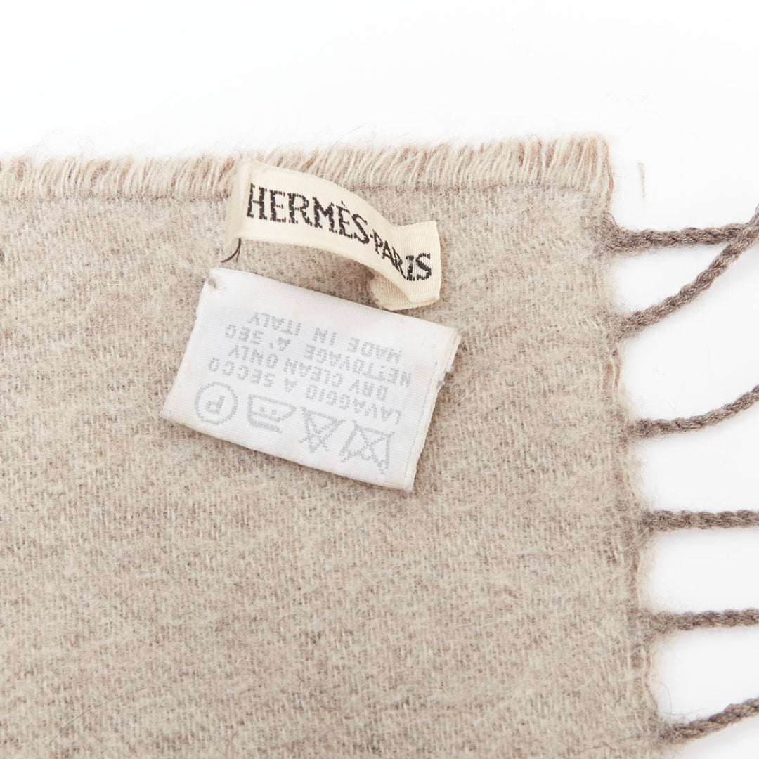 HERMES taupe brown cashmere wool reversible fringed long scarf