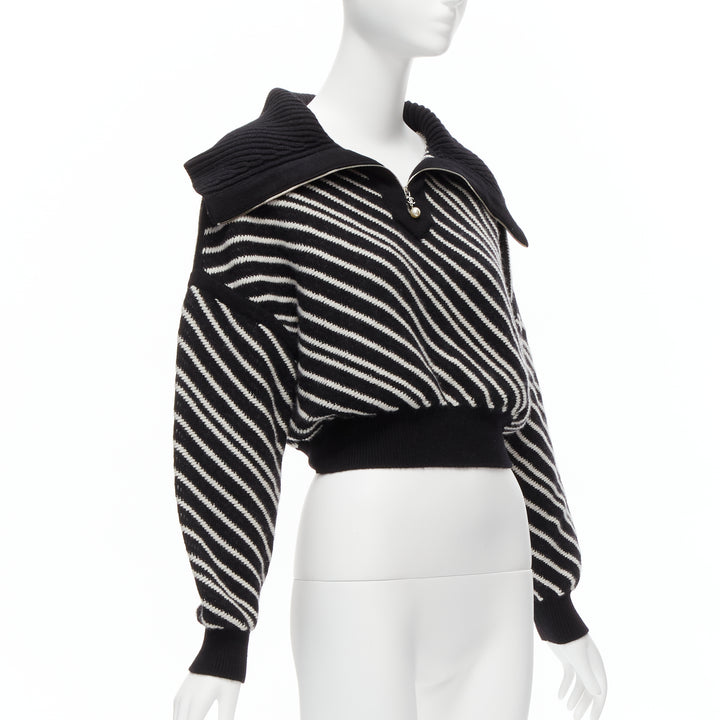 CHANEL 100% cashmere black white stripe CC crystal logo cropped sweater FR34 XS