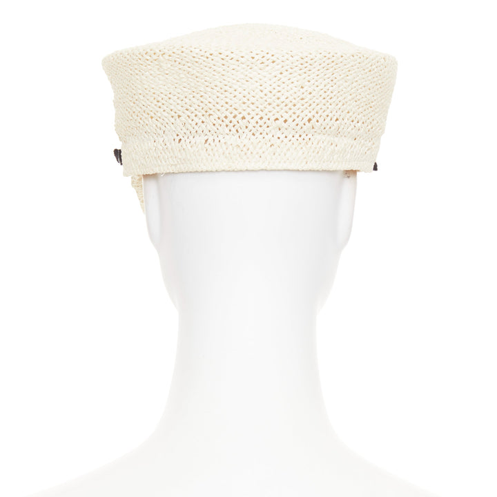 MAISON MICHEL Abbey Sailor light beige raffia MM logo black ribbon cap M