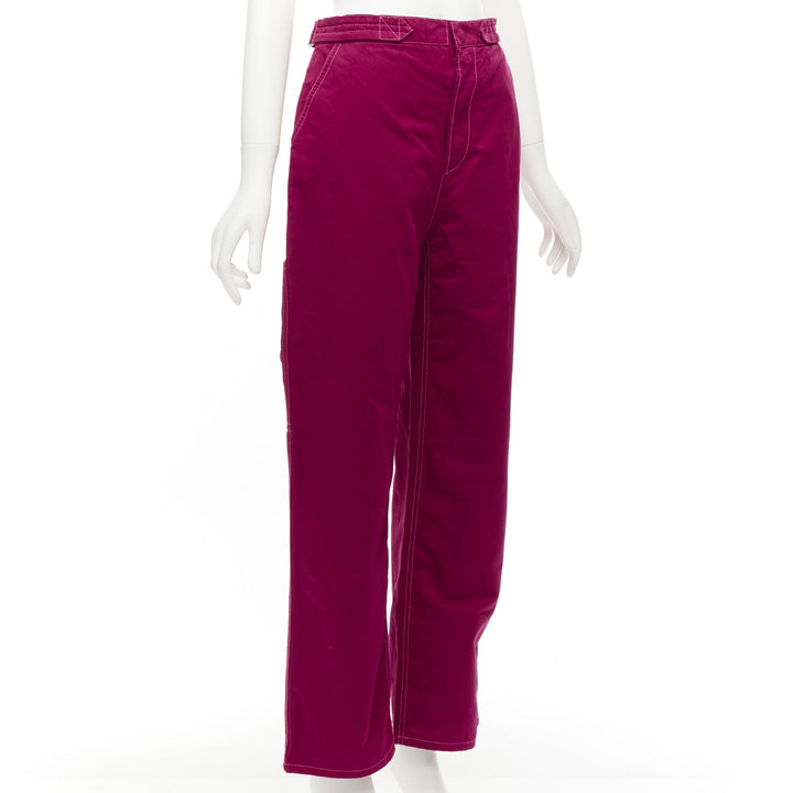 MARNI burgundy cotton linen topstitch belt waist wide leg pants IT38 XS