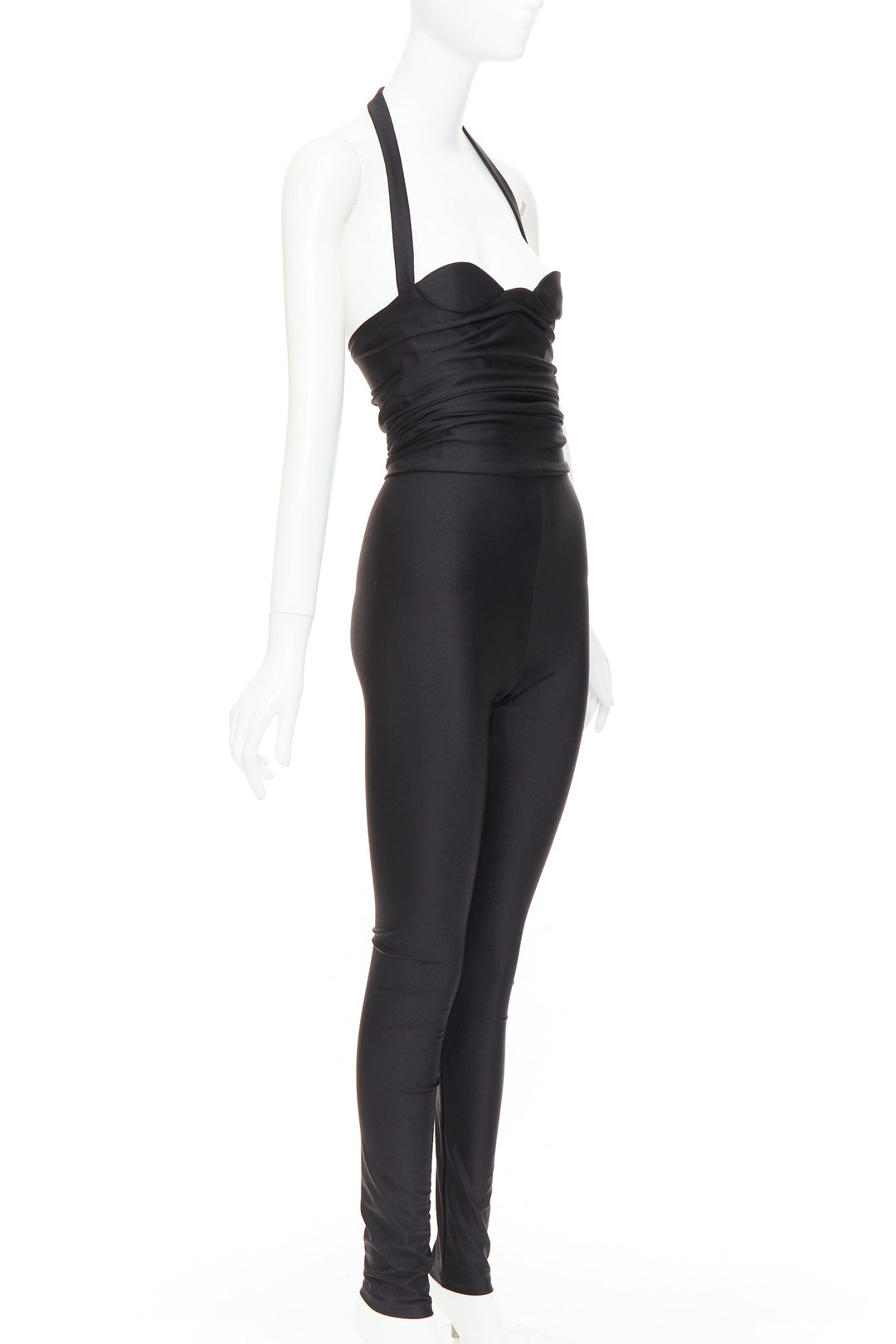 SAINT LAURENT 2022 Runway black halter sweetheart ruched catsuit bodysuit Sz 2 M