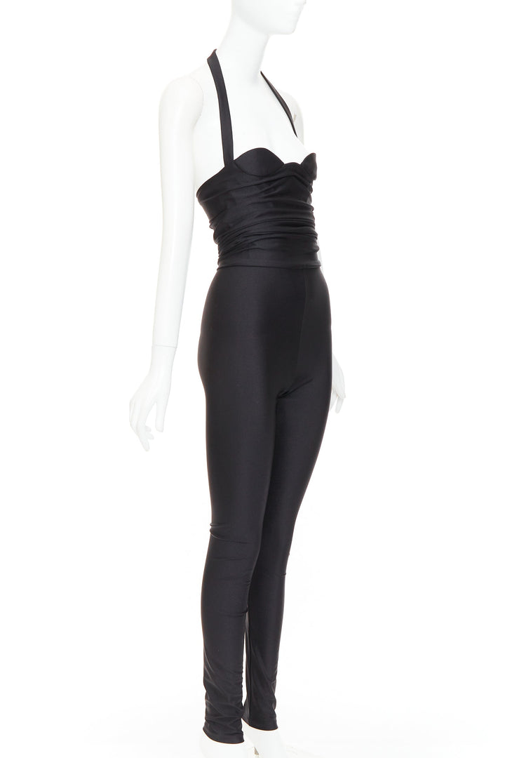 SAINT LAURENT 2022 Runway black halter sweetheart ruched catsuit bodysuit Sz 2 M
