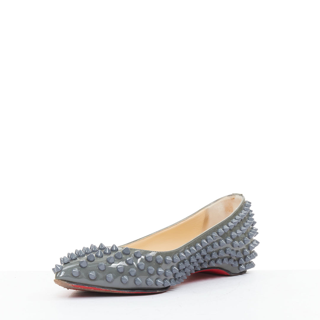 CHRISTIAN LOUBOUTIN Pigalle Spikes Flat grey patent studded ballet flats EU37.5
