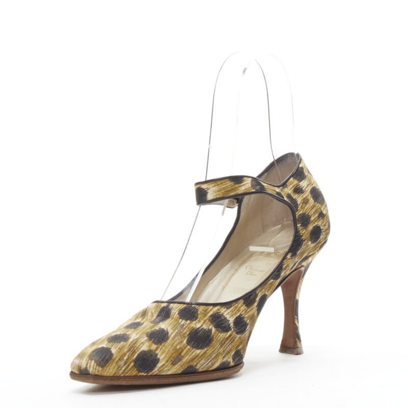 CHRISTIAN DIOR Vintage brown leopard print fabric ankle strap pump EU36.5