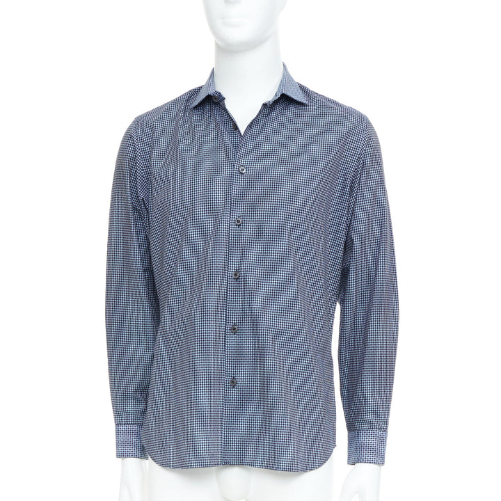 PRADA navy checked cotton long sleeve button down top shirt EU39 M