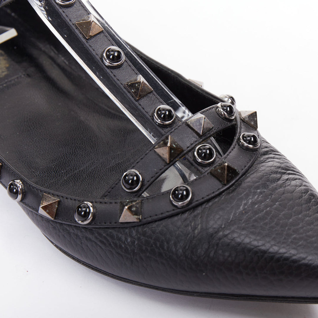 VALENTINO Rockstud black calf mixed stone stud caged ballet flats EU37.5