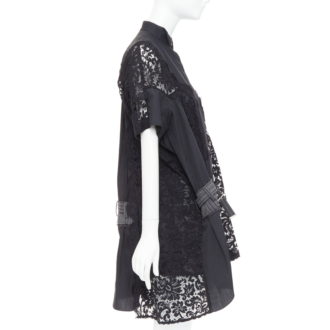 SACAI 2017 black lace trim panelled belt flared lined shirt dress JP1 S