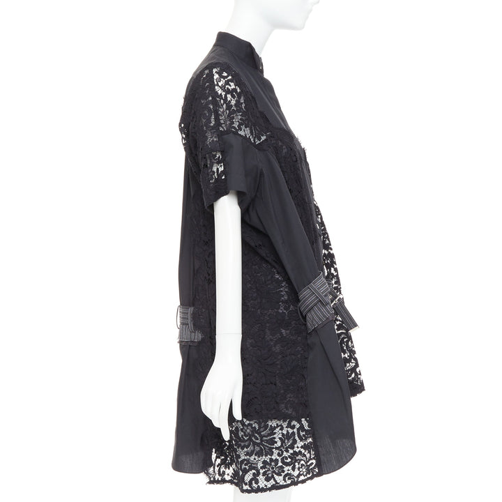SACAI 2017 black lace trim panelled belt flared lined shirt dress JP1 S