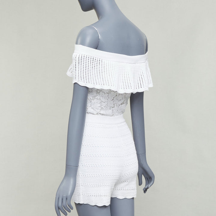 VALENTINO white cotton multi knit lace off shoulder silk lined playsuit XS