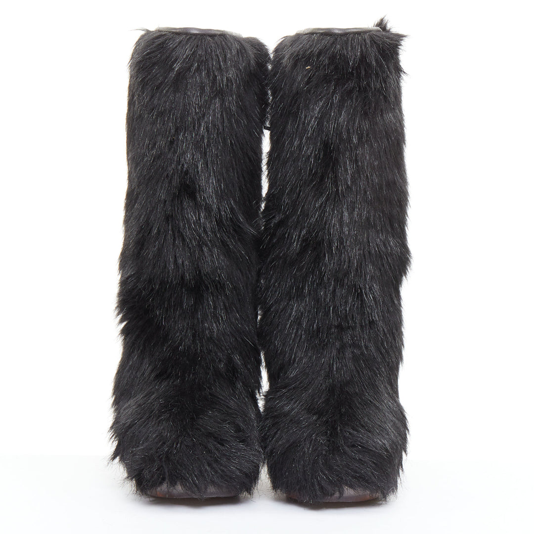 CHANEL 2010 Runway black Yeti faux fur silver CC clear iceberg heel boots EU38.5