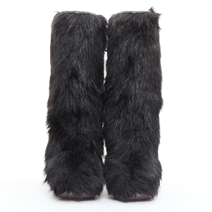 CHANEL 2010 Runway black Yeti faux fur silver CC clear iceberg heel boots EU38.5