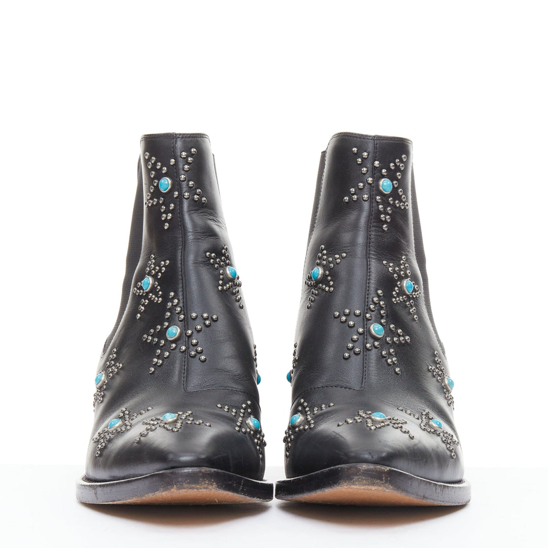 VALENTINO black leather turquoise blue stone star studded ankle boots EU40