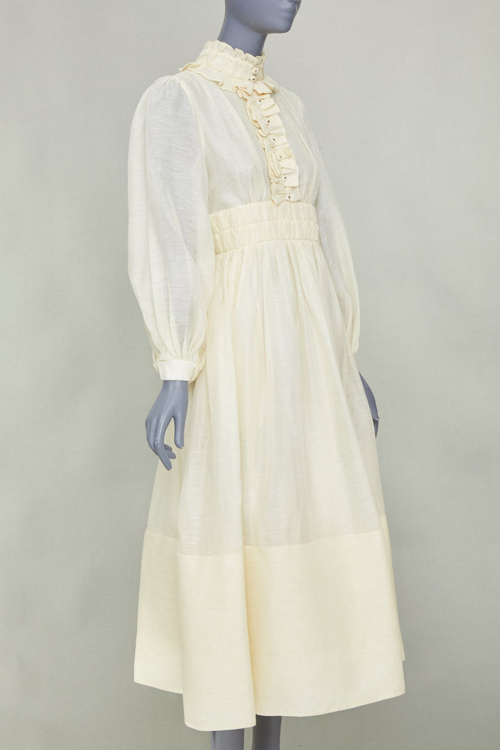 ZIMMERMANN 2021 Luminous ruffle trim cream linen silk midi dress Sz1 S