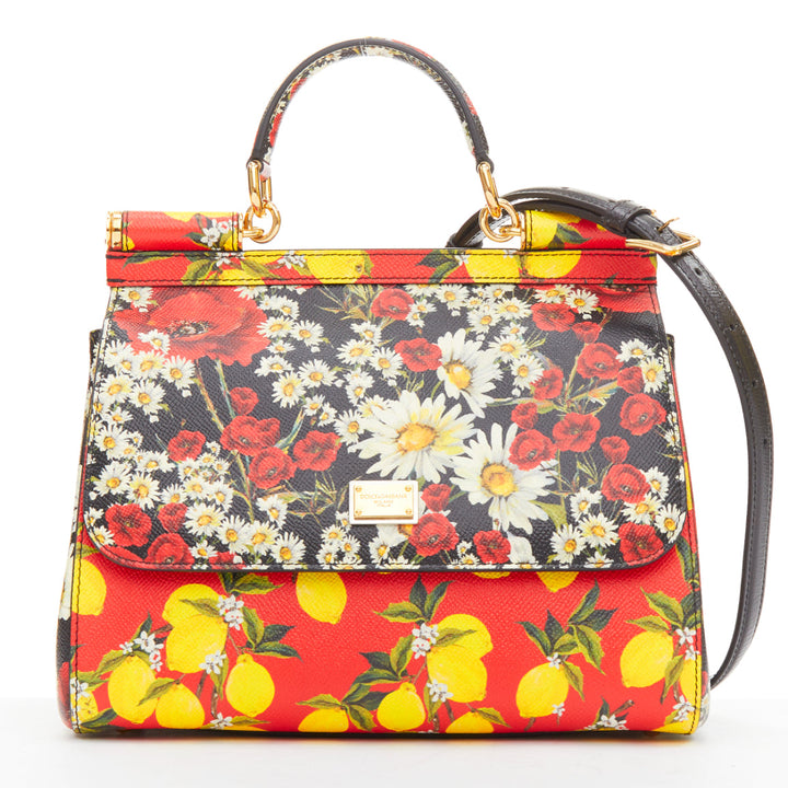 DOLCE GABBANA Miss Sicily black red yellow lemon floral leather small handle bag