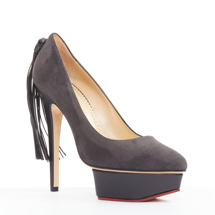 CHARLOTTE OLYMPIA Dark Horse tassel tail grey suede platform pumps EU37.5