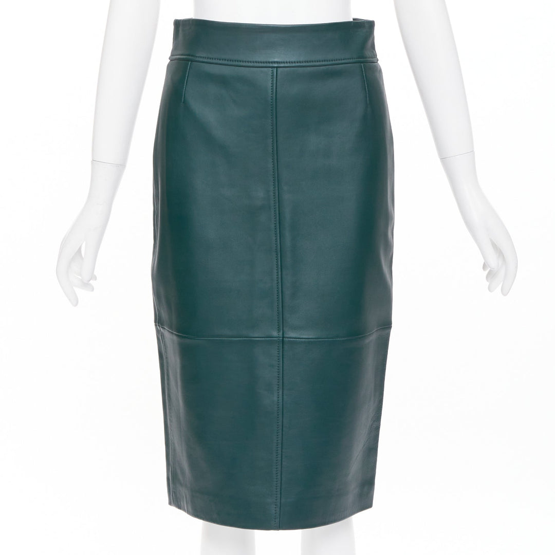 BOSS dark green panelled lambskin leather exposed silver zip pencil skirt US2 S