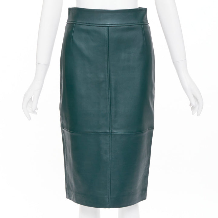 BOSS dark green panelled lambskin leather exposed silver zip pencil skirt US2 S