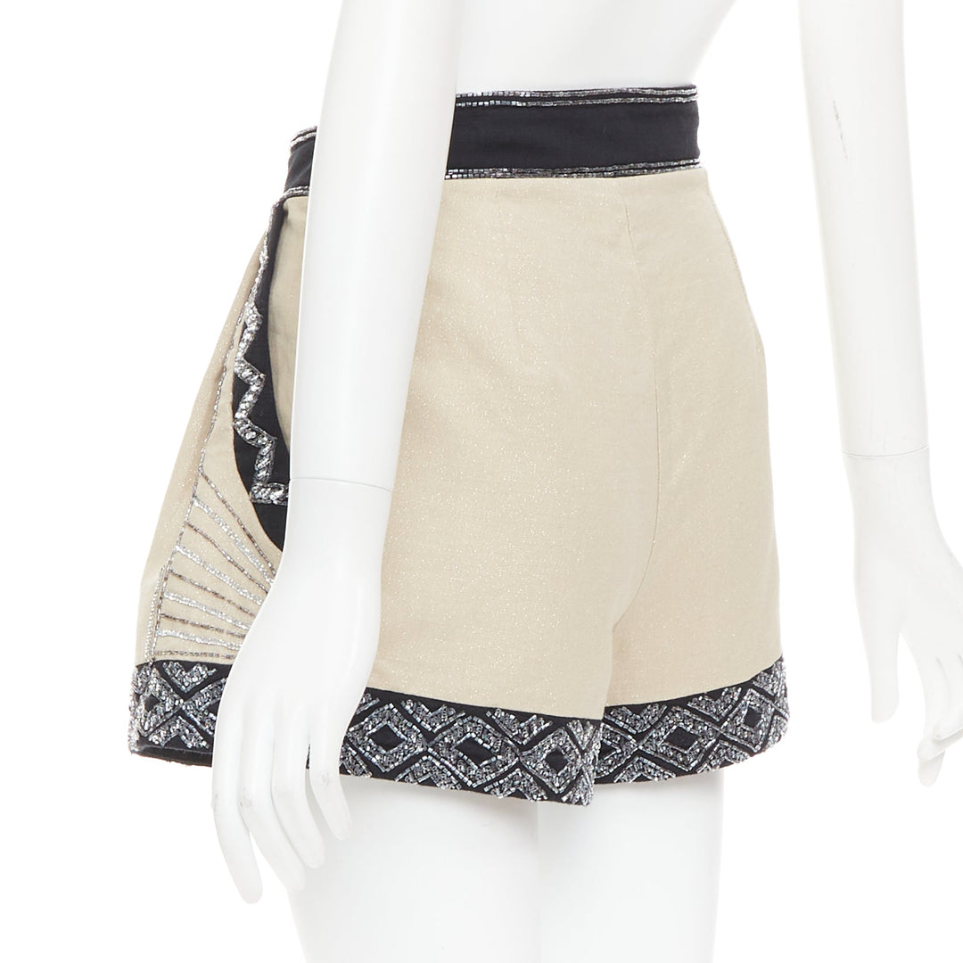 TWINSET Limited Edition gold black linen cotton embellished wide shorts IT38 XS