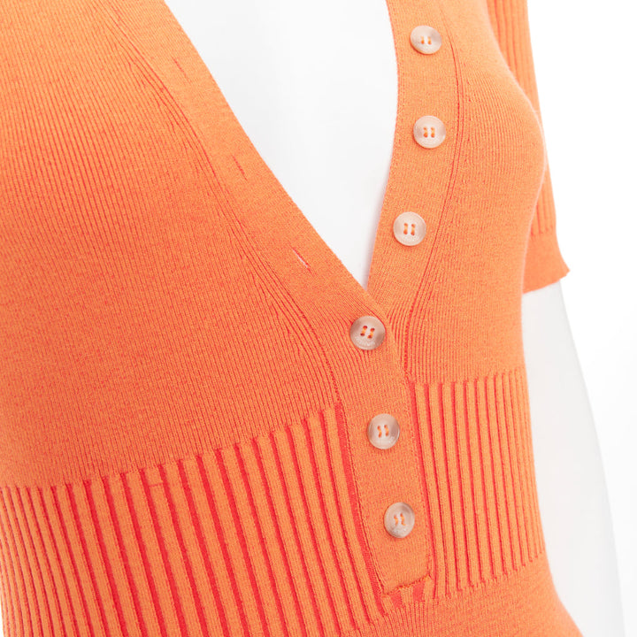 JACQUEMUS Le Body Yauco orange ribbed knit plunge polo bodysuit top FR36 S