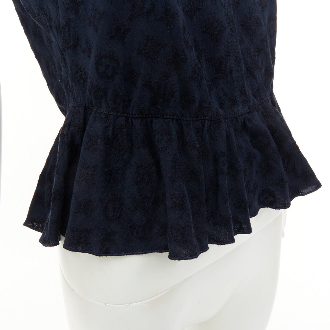 LOUIS VUITTON black monogram denim ruffle keyhole cap sleeve peplum blouse S