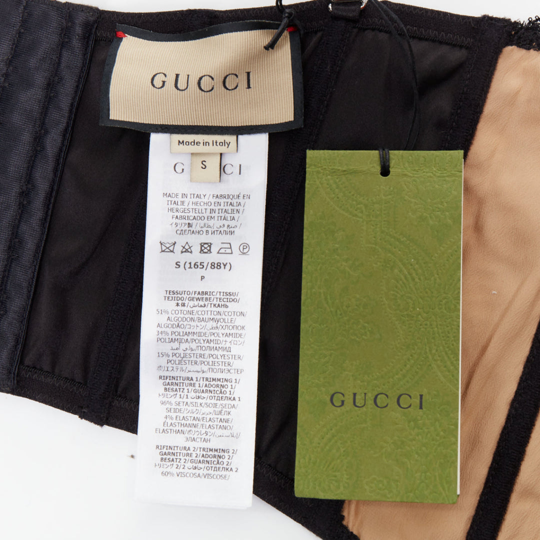 GUCCI 2022 Runway Aria black beige GG monogram net lace corset bustier top S