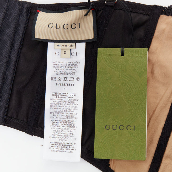 GUCCI 2022 Runway Aria black beige GG monogram net lace corset bustier top S