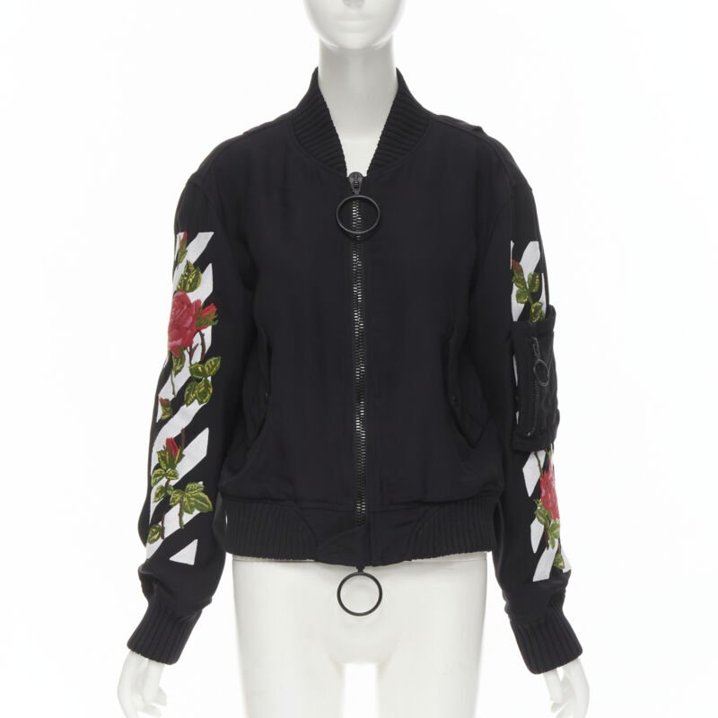 OFF WHITE C/O VIRGIL ABLOH black rose floral embroidery logo bomber jacket XS