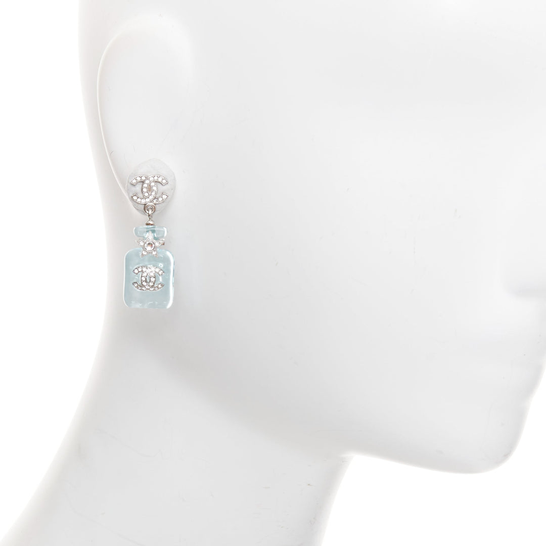 CHANEL B23S Cocomark blue acrylic perfume bottle CC logo star pin earrings Pair