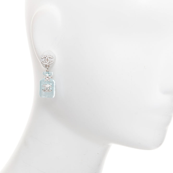 CHANEL B23S Cocomark blue acrylic perfume bottle CC logo star pin earrings Pair