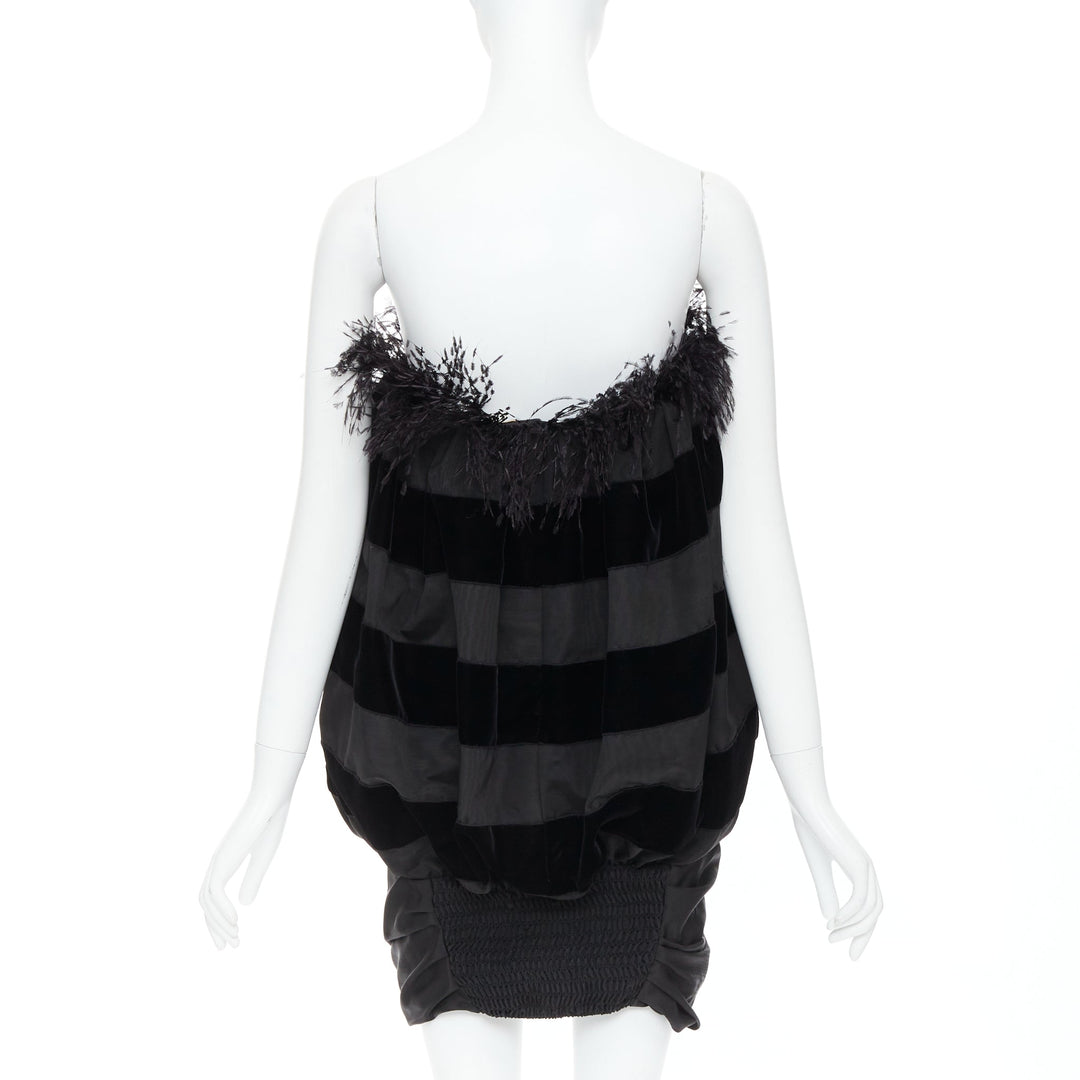 rare SAINT LAURENT 2021 Runway black feather velvet striped Le Pouf dress FR36 S