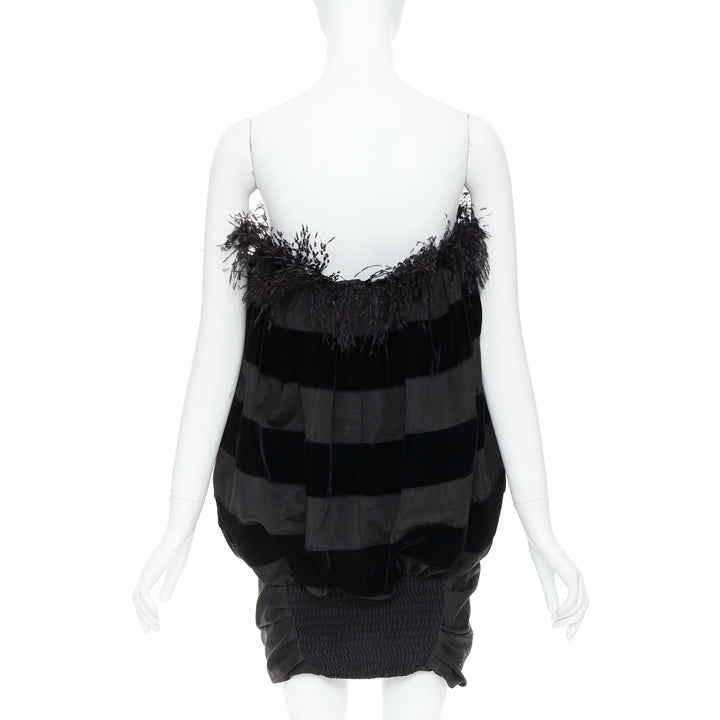 rare SAINT LAURENT 2021 Runway black feather velvet striped Le Pouf dress FR36 S