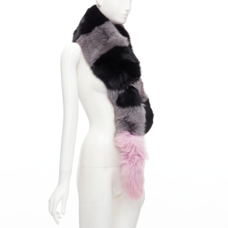 CHARLOTTE SIMONE 100% fur black pink striped tail silk lined loop through scarf